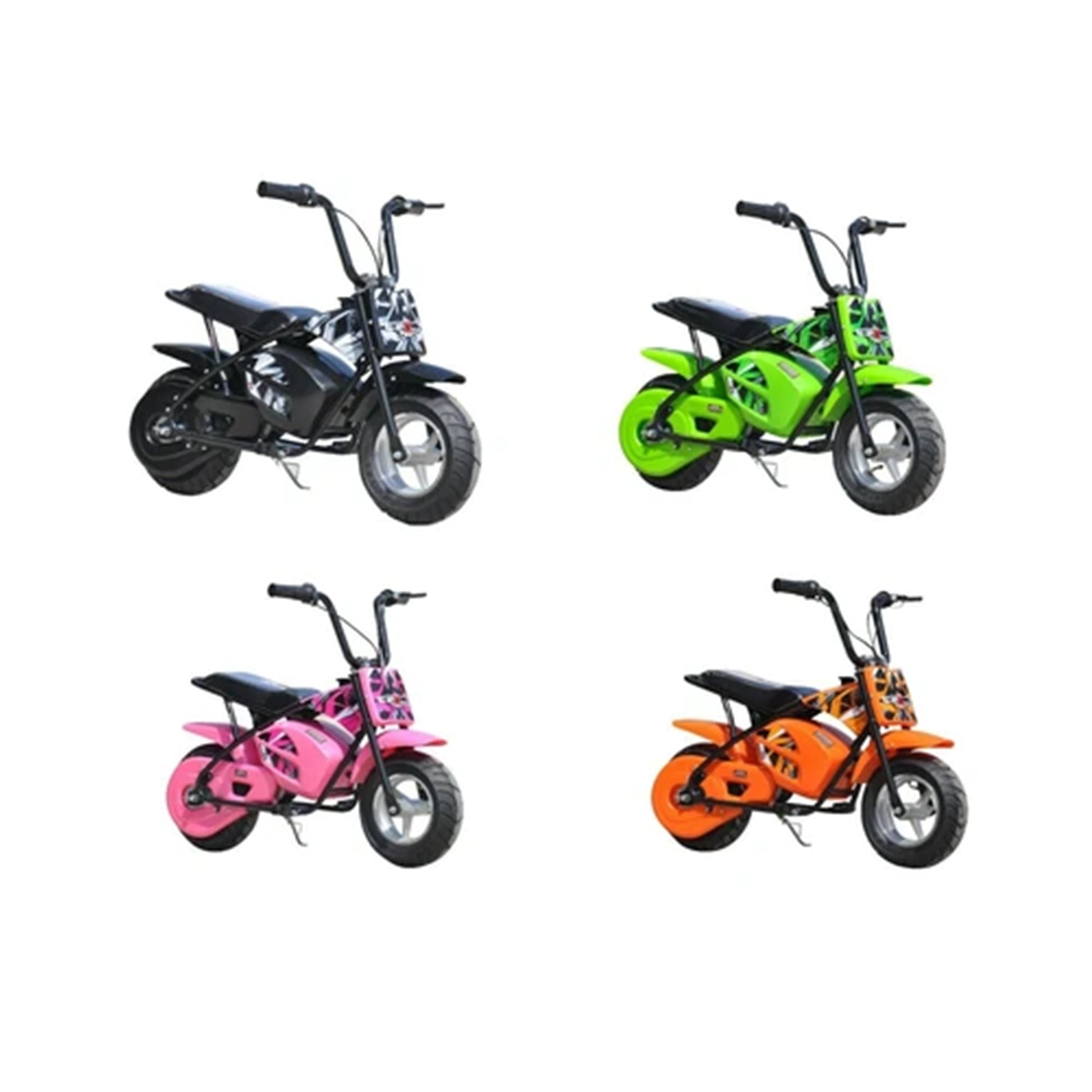 "Variety of Kids Dirt Bikes in Bright Colors", "Green Mini Scrambler for Children", "Kids Electric Ride-on 250 Watt", "12 Volt Brushless Motor Scooters on White Background"