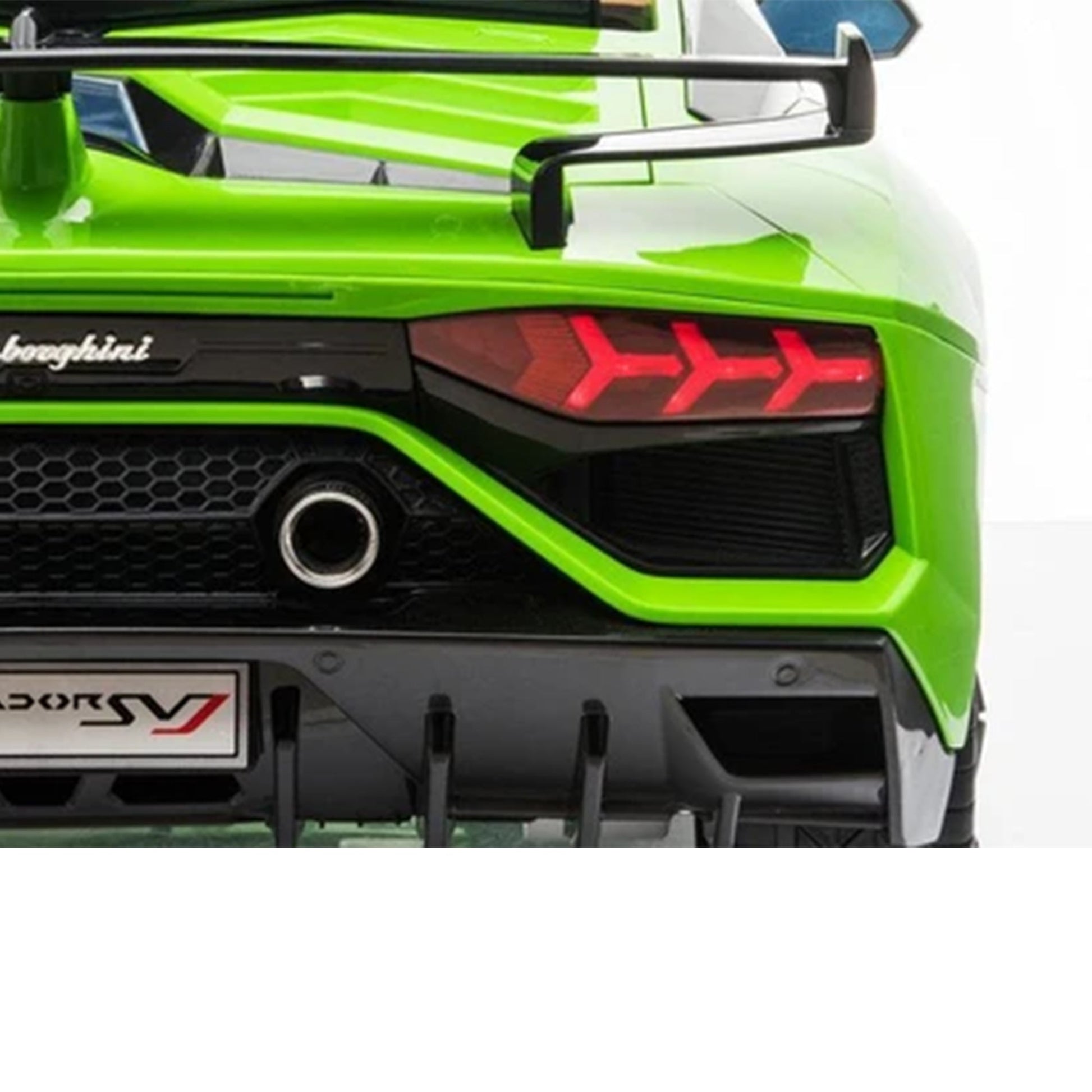 "Rear view of a green Lamborghini SVJ ride-on toy car with 2.4G parent remote from LAMBORGHINI available at Kids Car store"