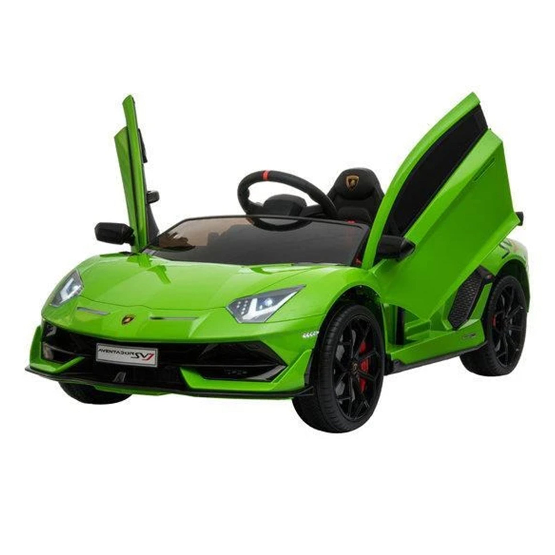 "Green Lamborghini SVJ ride-on toy car with parental remote control, exclusively available at Kids Car store."