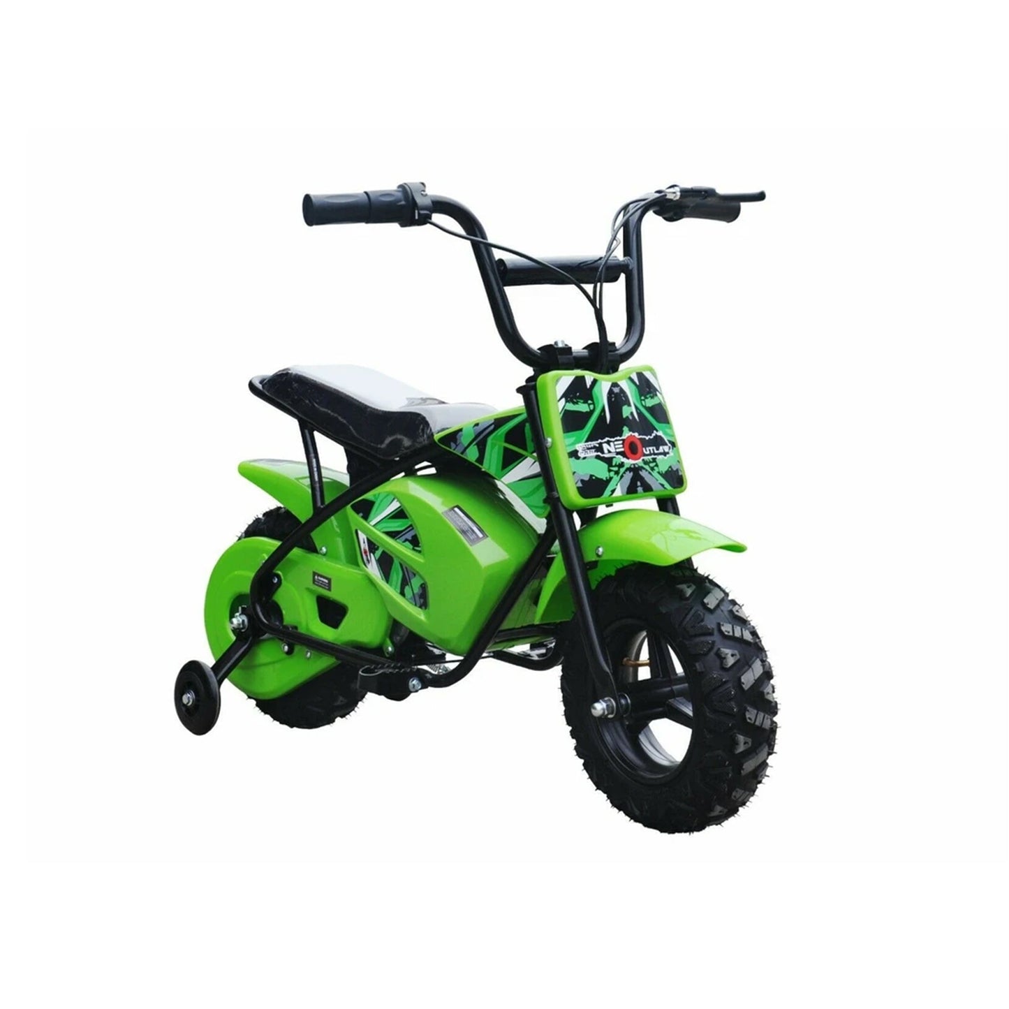 "Green Mini Dirtbike Scrambler, Kids Electric Ride on, 250 Watt 12 Volt by Kids Dirt Bike with an electric twist and go throttle. Isolated on a white background."