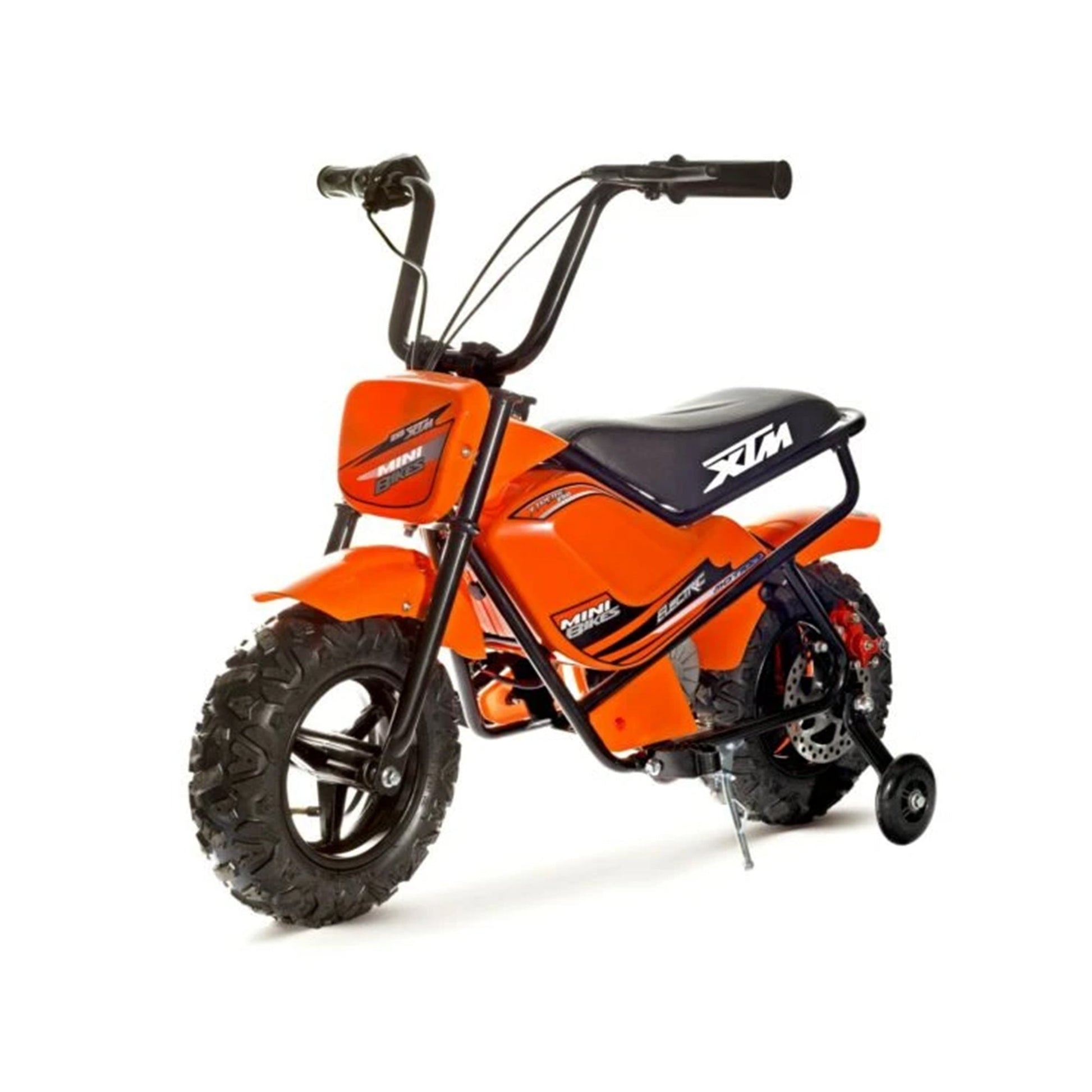 "Small orange electric ride-on dirt bike for kids on a white background, equipped with a twist and go throttle."