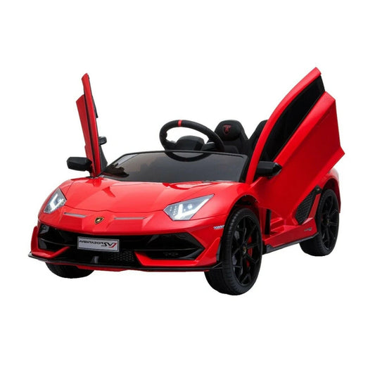 "Store's red Lamborghini SVJ 12 Volt kids electric ride on featuring parental remote control and EVA tyres."
