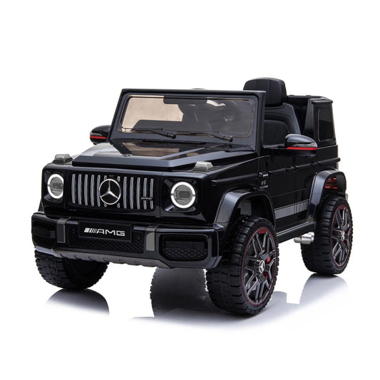 Black Mercedes G63 AMG electric ride-on toy car model for kids on a white background.