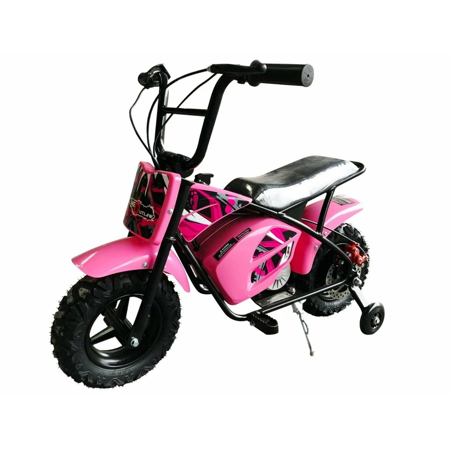 "Pink Mini Dirtbike Scrambler Electric Ride for Kids with Stabilisers and Twist N Go Throttle over White Background"