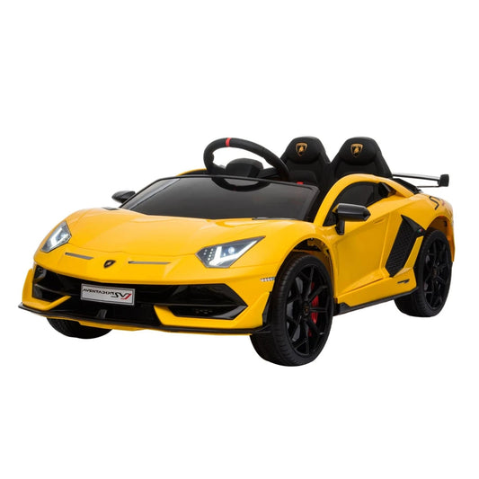 "Yellow Lamborghini SVJ 12 Volt ride-on from KidsCar.co.uk, featuring parental remote and deluxe leather seat, displayed on a white backdrop."