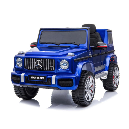 Blue Mercedes G63 AMG 12 Volt electric ride on toy car for kids, officially licensed by Mercedes, isolated on a white background