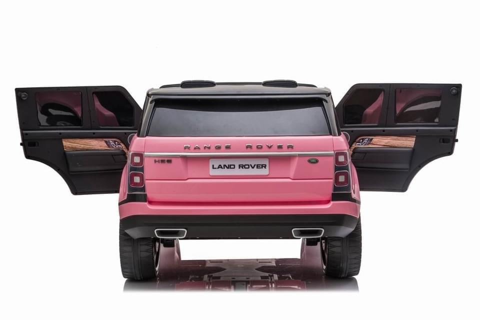Rear view of pink Range Rover Vogue HSE 2 Seater Ride On Jeep with open doors and trunk, featuring parental control feature