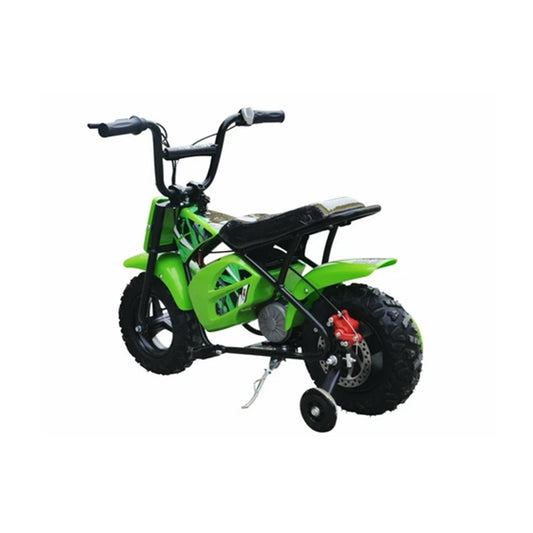 "Green Mini Dirtbike Scrambler Electric Ride for Kids with 250 Watt, 12 Volt brushless motor, twist and go throttle displayed against a white background."