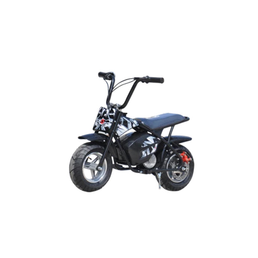 Red and black sleek electric dirt bike for kids with 250w power, twist and go throttle, on a plain white background.