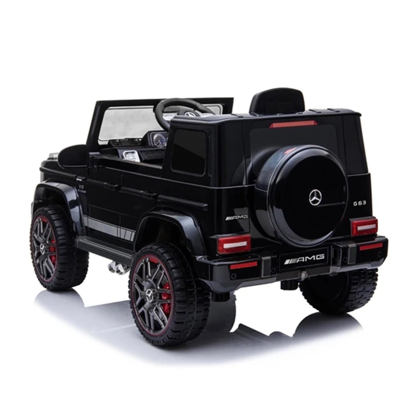Black Mercedes G63 AMG electric ride-on car for children on a white background