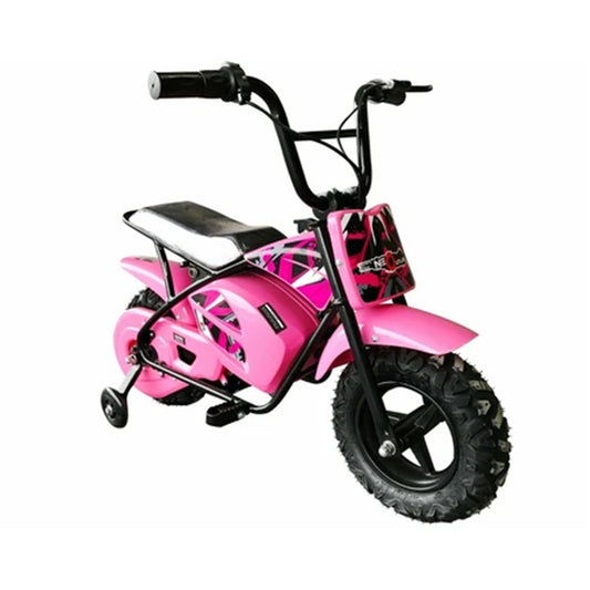 "Pink Mini Dirtbike Scrambler, Kids Electric Ride on 250 Watt 12 Volt with Black Tires and Stabilisers, White Background - Brand: Kids Dirt Bike"