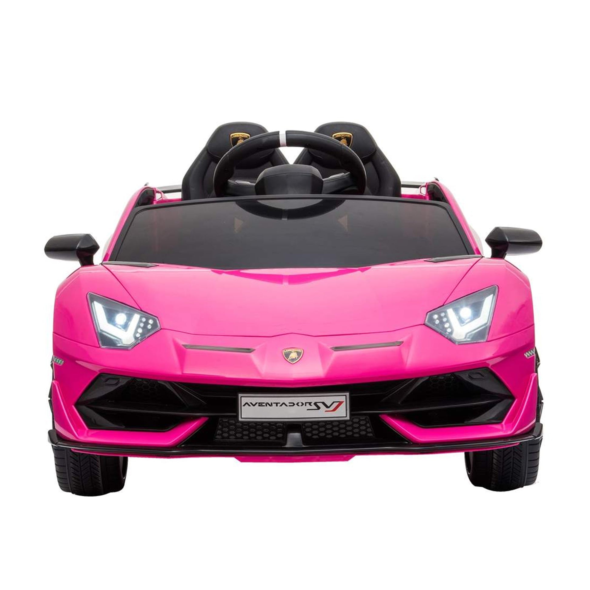 "Lamborghini Pink SVJ 12 Volt Kids Electric Ride-On with Remote from Kids Car Store on a white background."