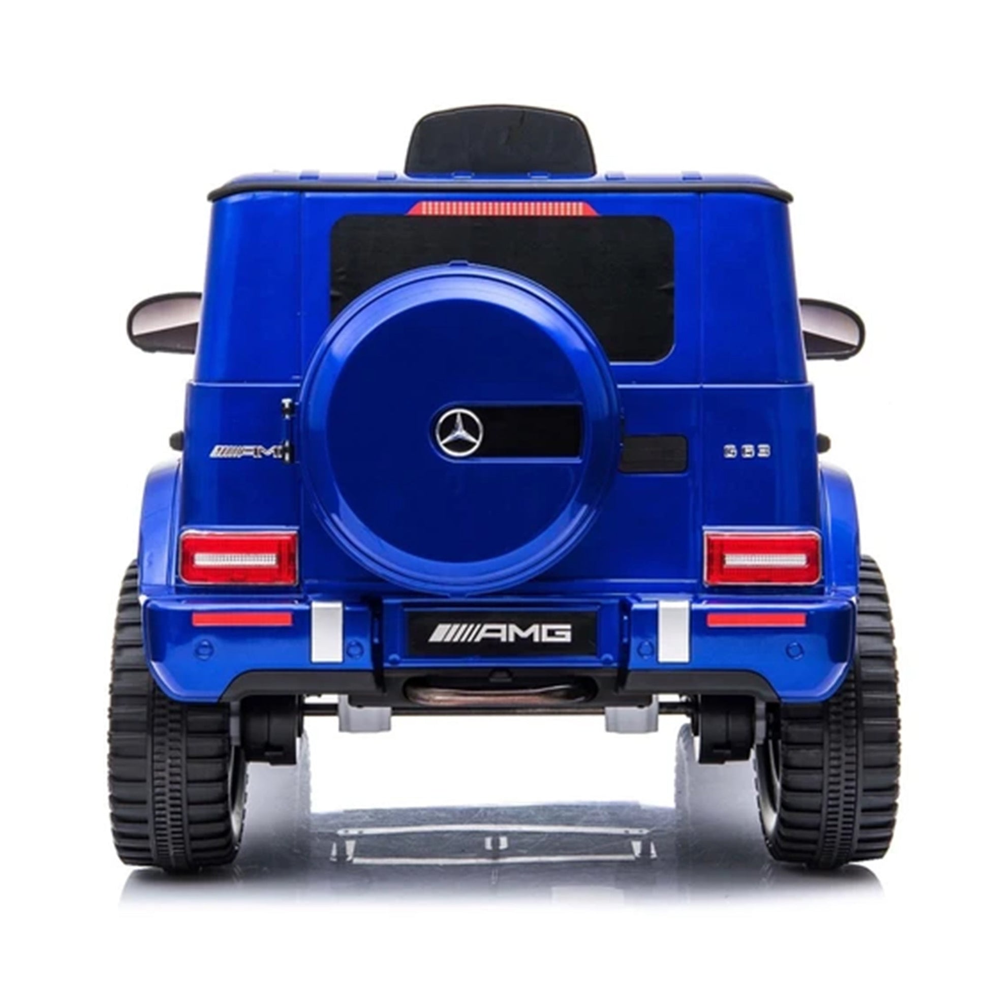 Blue Mercedes G63 AMG electric ride-on car toy for children on a white background