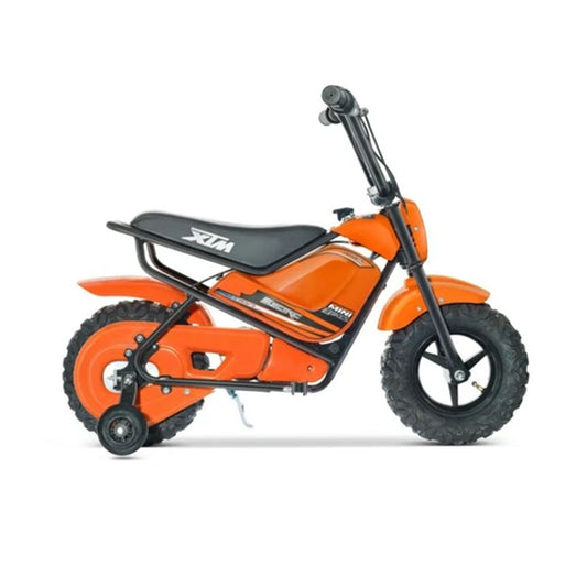 "Orange Mini Dirtbike Scrambler, Kids Electric Ride-on Toy 250 Watt 12 Volt with Twist and Go Throttle, on a White Background"