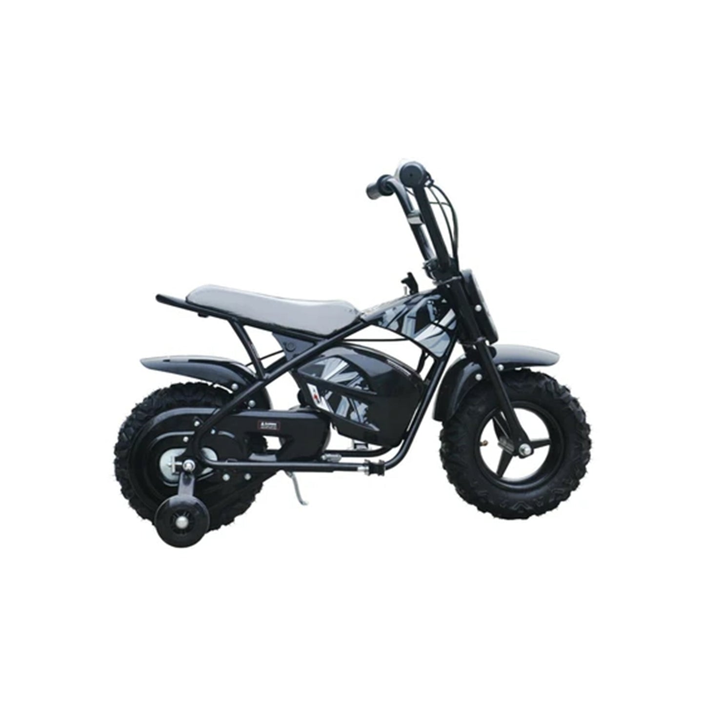 "Black and white Kids Electric Mini Dirtbike Scrambler 250 Watt 12 Volt with a twist and go throttle by Kids Dirt Bike brand on a white background."