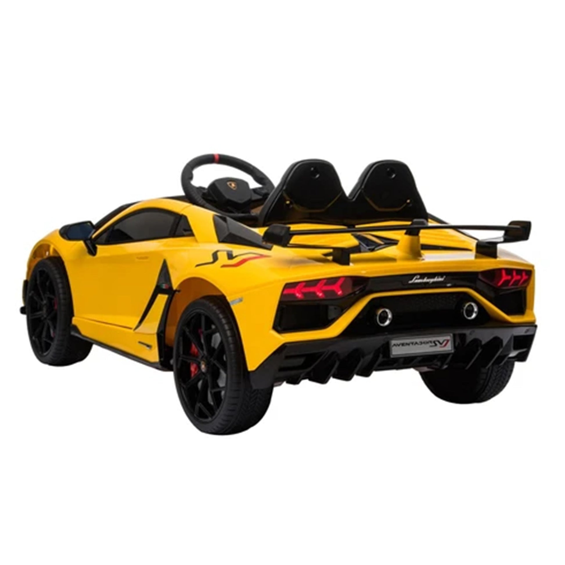 "Yellow 12 Volt Lamborghini SVJ electric ride-on from KidsCar.co.uk with leather seat and parent remote."