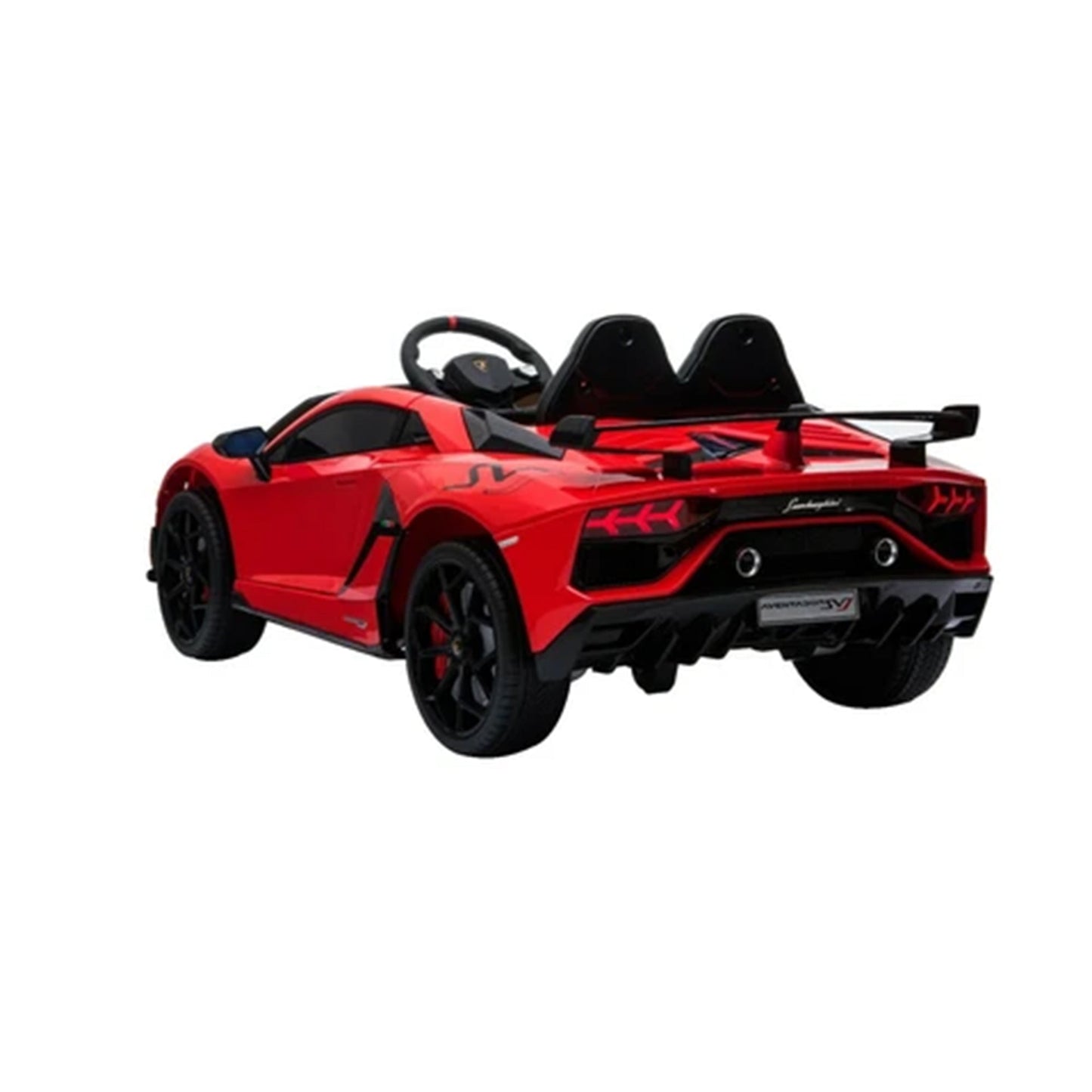 "Kids Car Store's Red Lamborghini SVJ 12V Electric Ride-On with a LAMBORGHINI Parent Remote, against white background."