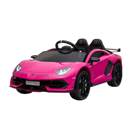 "Kids CarA store's pink Lamborghini SVJ 12 Volt ride-on toy with parental remote on a white background."