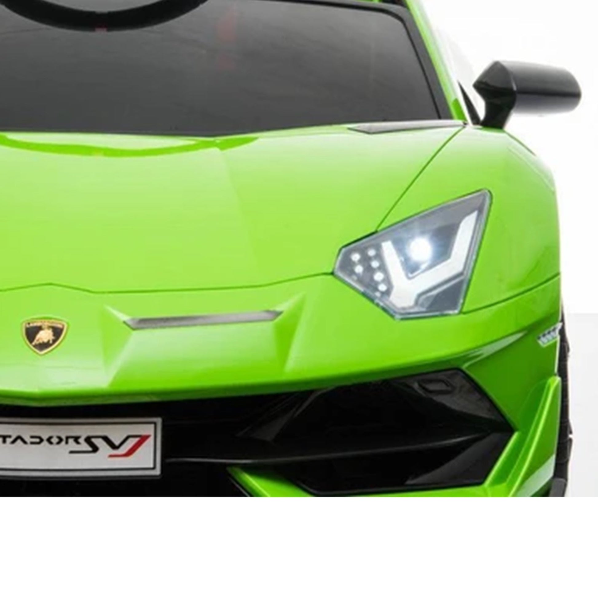 "Official Green Lamborghini SVJ Ride On from Kids Car Store, 12V with Parental Remote Control on a white background."
