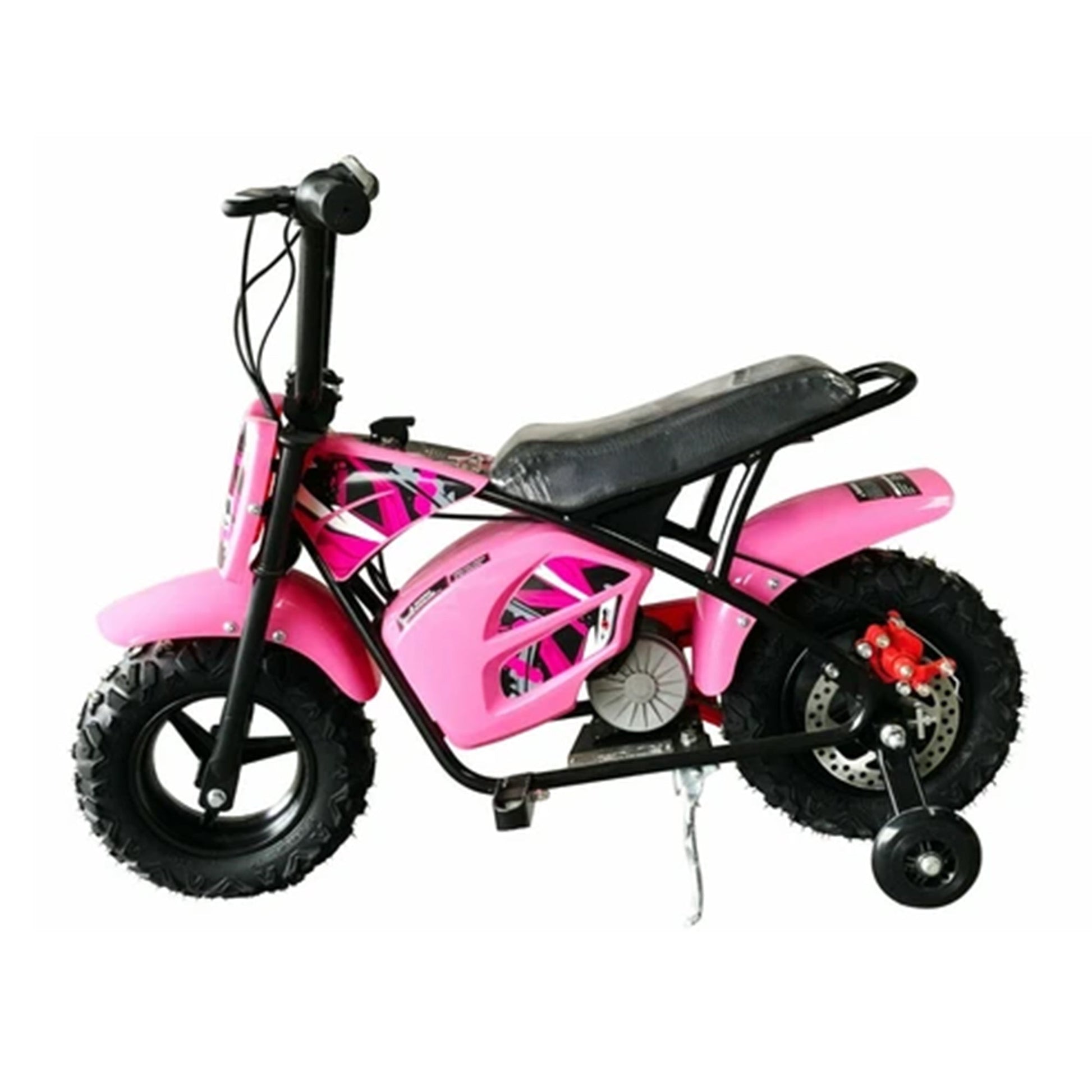 "Electric pink mini dirtbike scrambler for kids with stabilizers, 250 watt, 12 volt on white background."