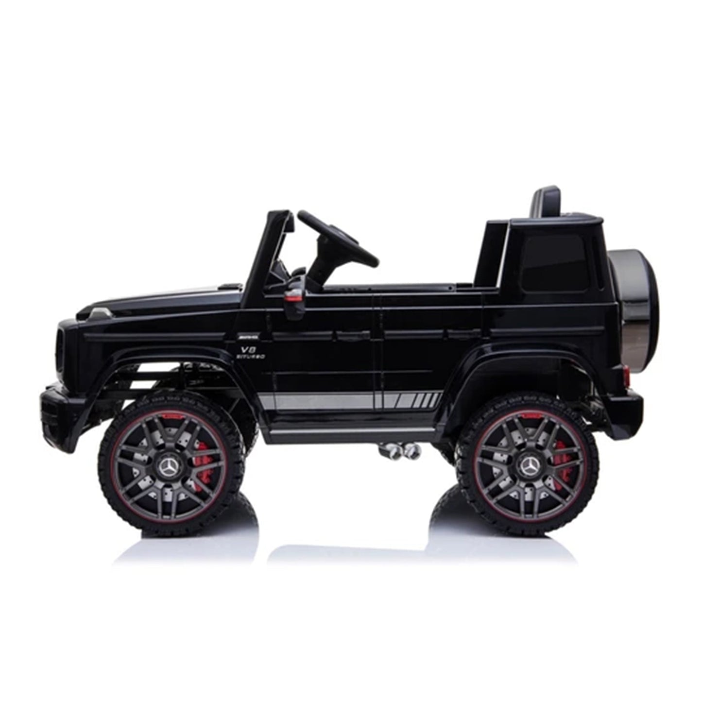 Black Mercedes G63 AMG 12 Volt electric ride-on toy car on a white background.