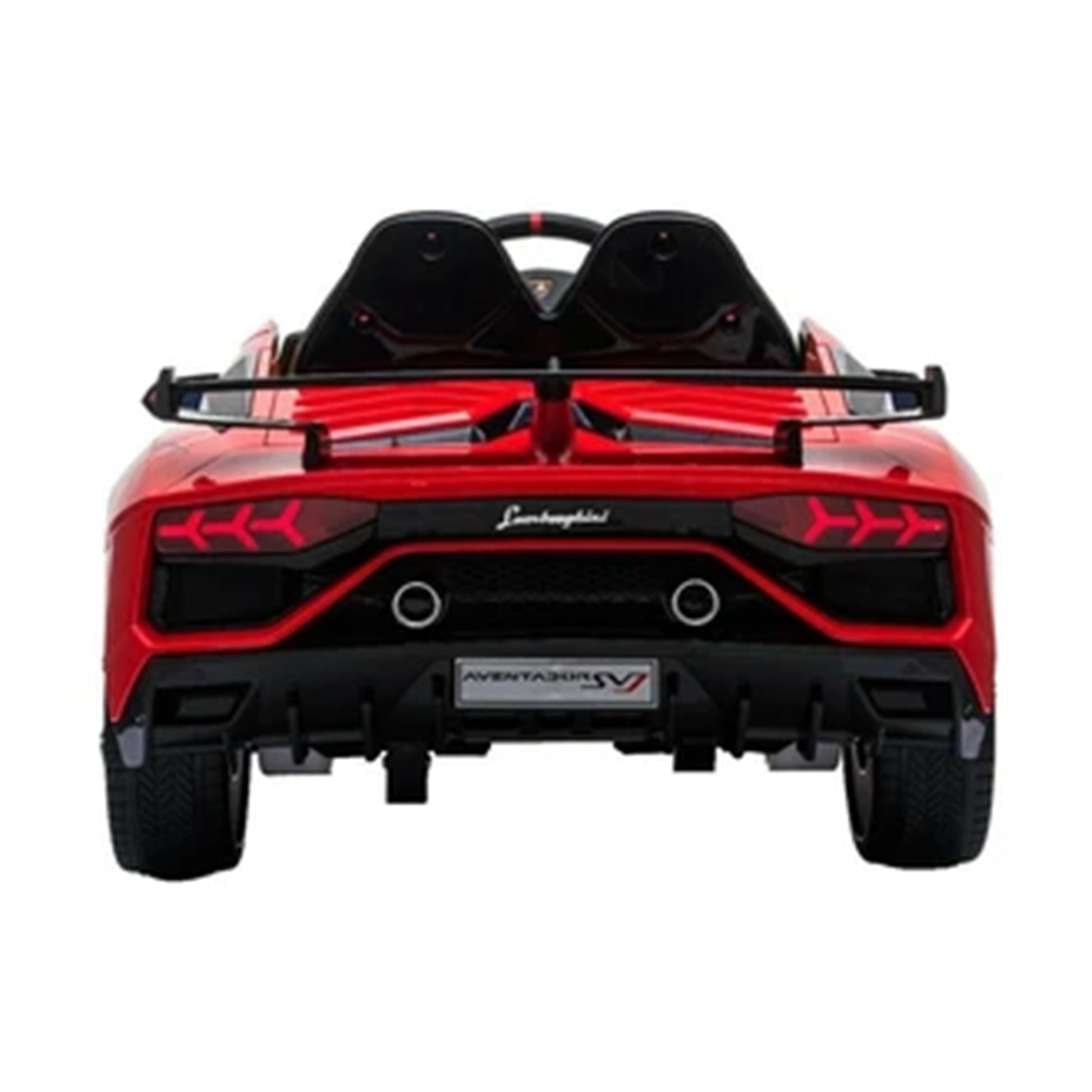"Rear view of Red Lamborghini SVJ 12V electric ride-on from Kids Car, equipped with rubber EVA tyres and a 2.4G parent remote"