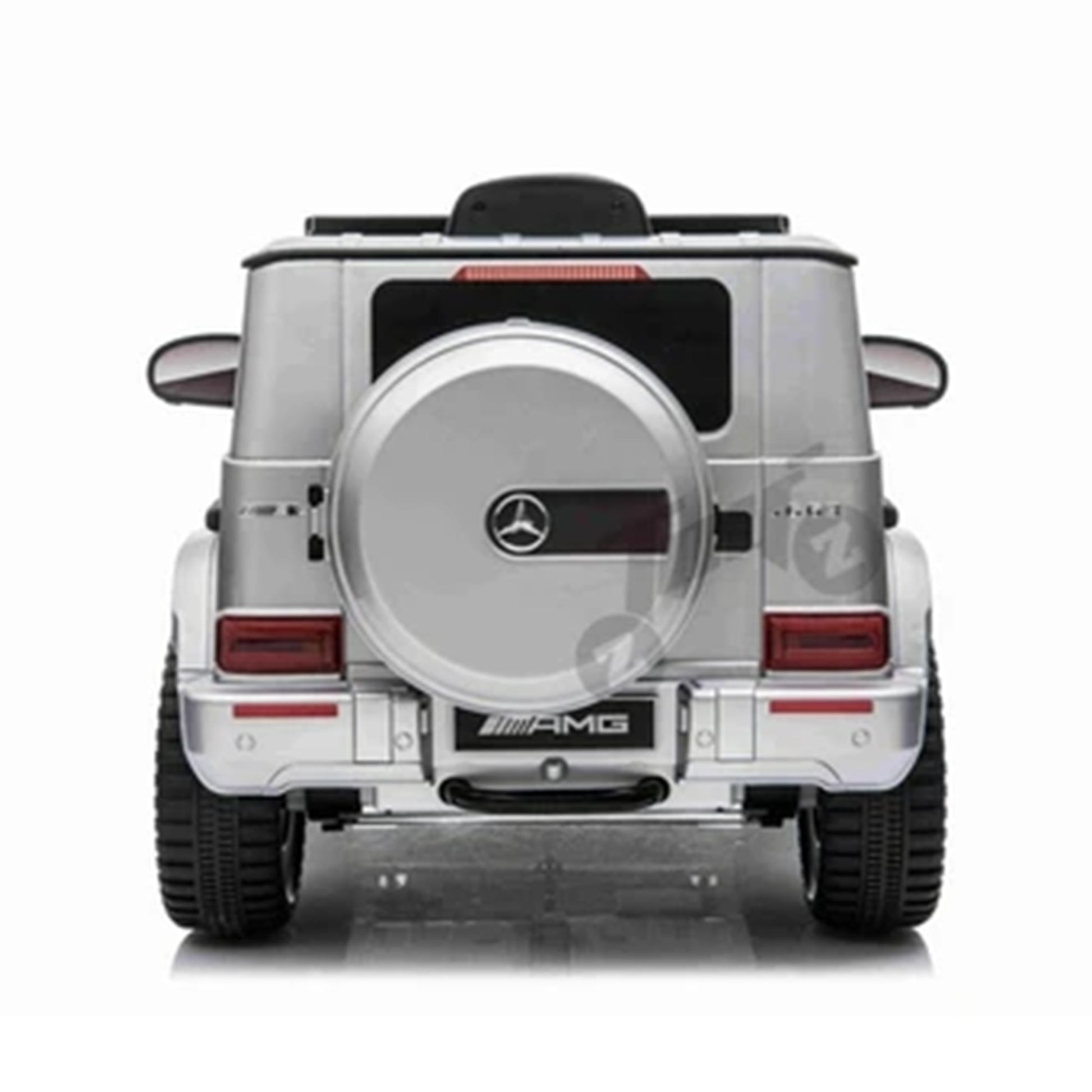 Silver Mercedes-Benz G63 AMG 12V battery electric ride-on car for kids on a white background.