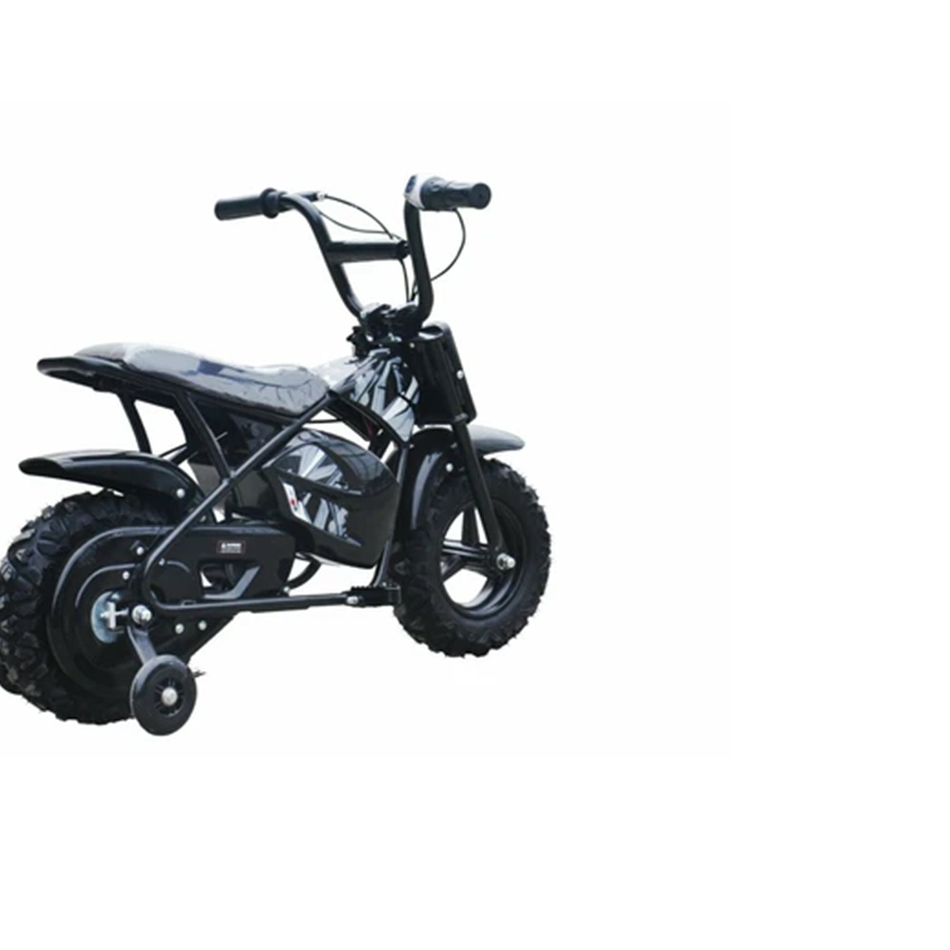 "Electric mini dirtbike scrambler 250 watt 12 volt with twist and go throttle on a white background."