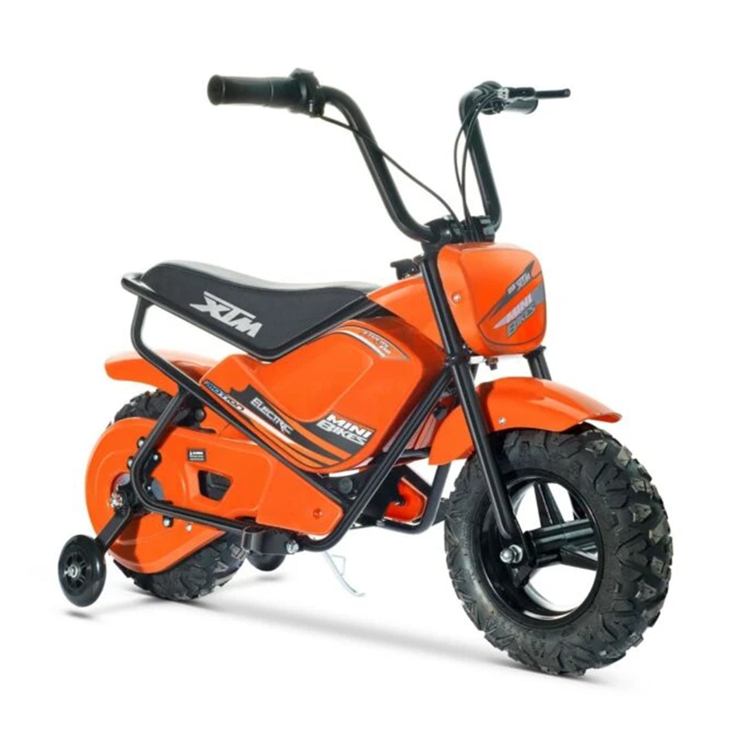 "Orange mini dirt bike scrambler, 250 Watt 12 volt kids electric ride on, on a white background"