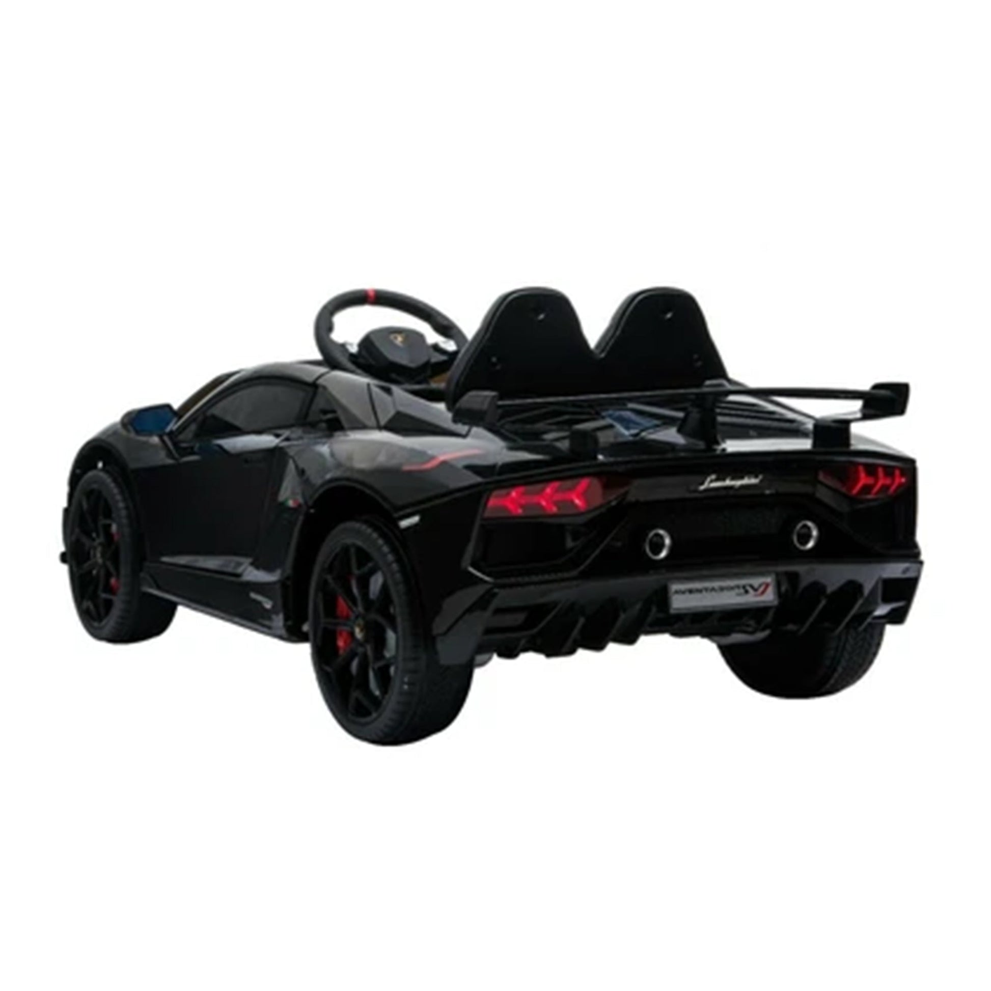 "Matt Black Lamborghini SVJ Kids Ride On from Kids CarA Store with 2.4G Parental Remote Control, 12-volt rechargeable battery on a white background."