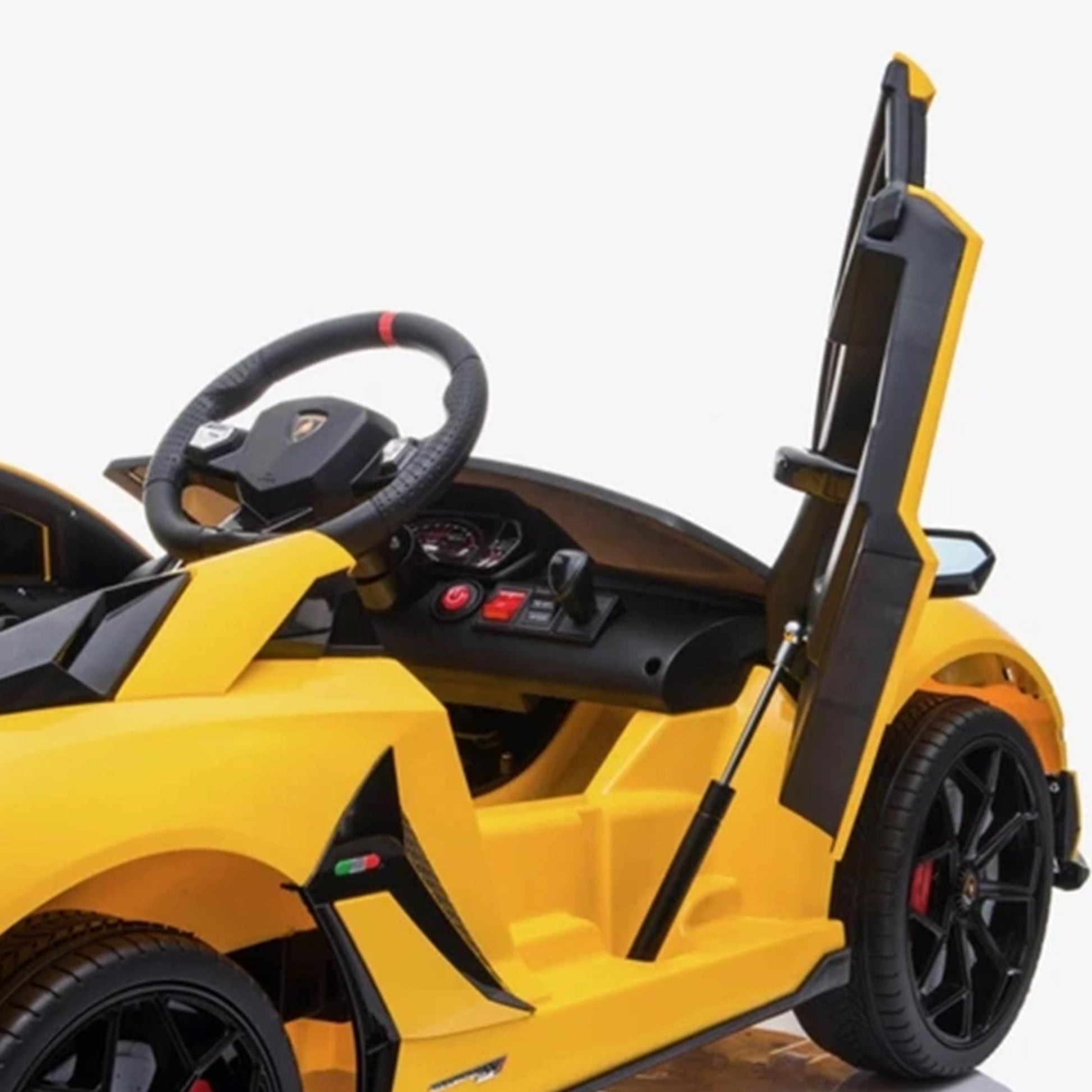 "Yellow LAMBORGHINI SVJ 12 Volt kids electric ride-on with leather seat and parental remote control from KidsCar.co.uk"