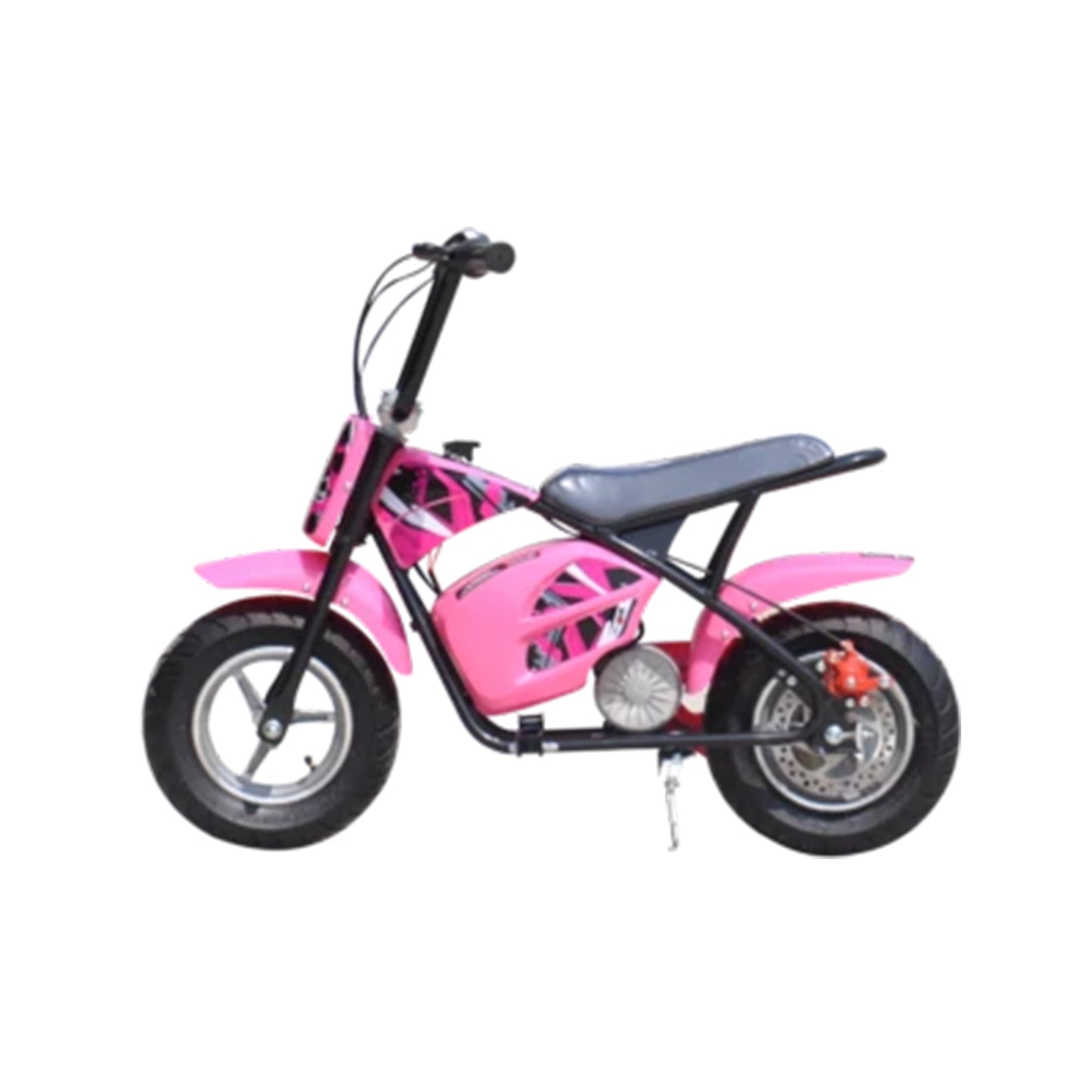 "Pink Mini Dirt Bike Scrambler, electric ride-on for kids, 250 Watt 12 Volt with stabilisers, white background - by Kids Dirt Bike."