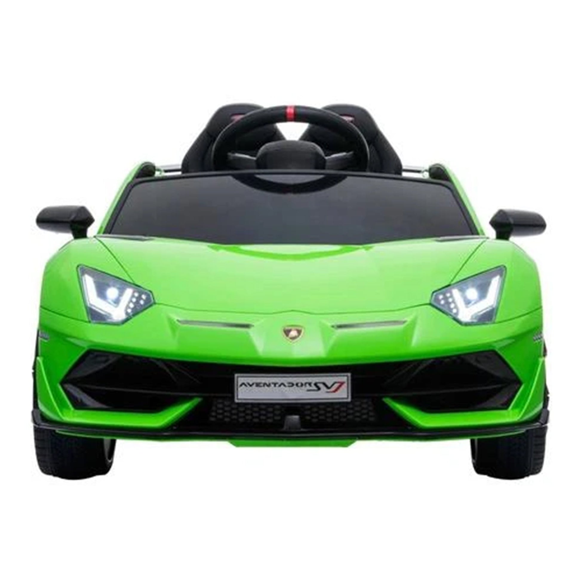 Green Lamborghini SVJ kids ride on car with parental remote control available at Kids Car store.