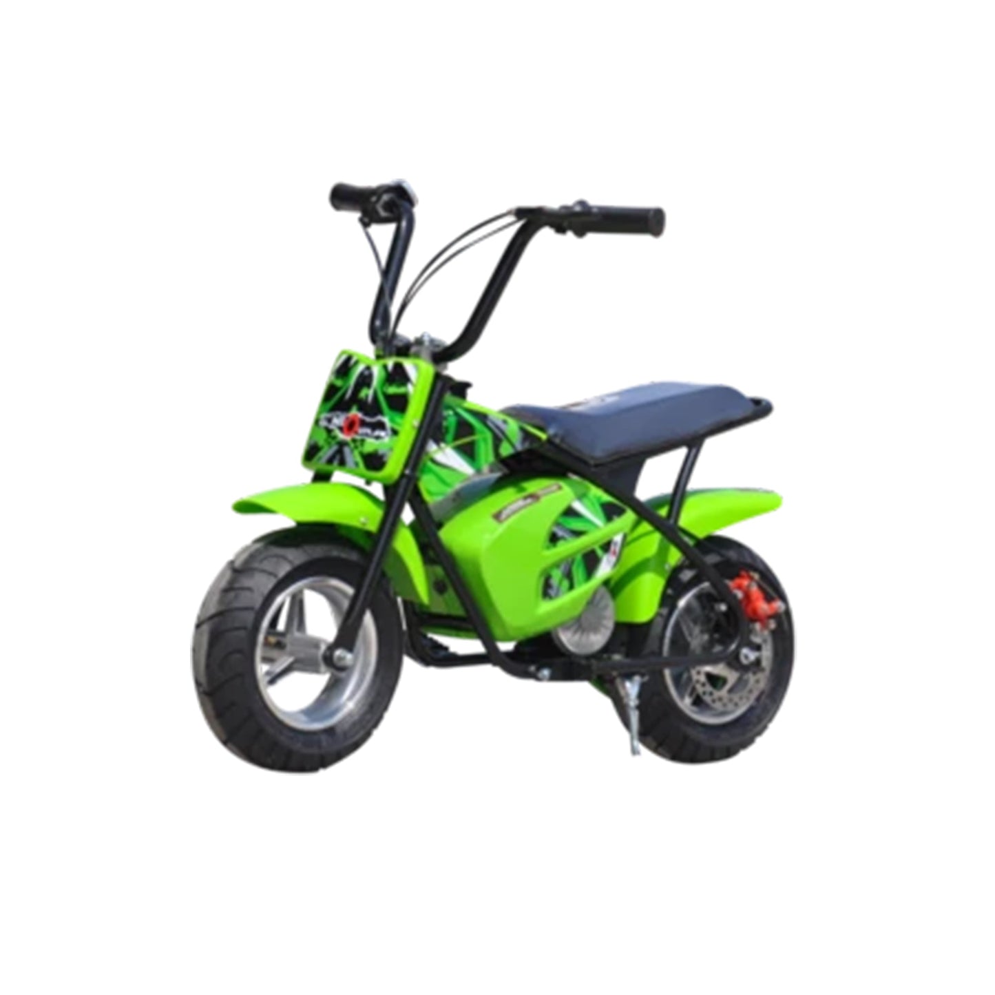 "Small green electric kids dirt bike, Mini Dirtbike Scrambler Ride On with 250 Watt, 12 Volt brushless motor on a white background."