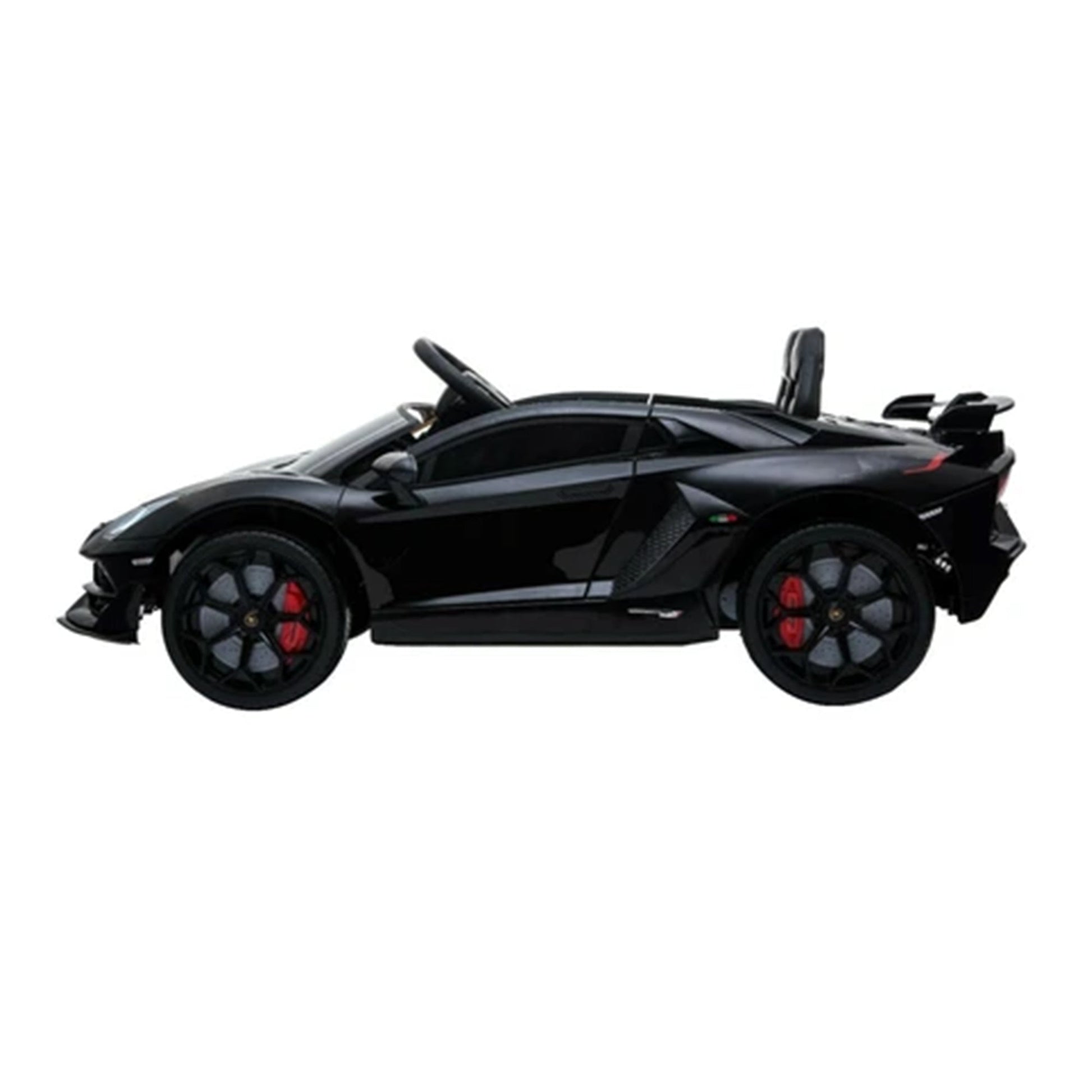 "Matt Black Lamborghini SVJ Kids Ride On from My Store with parent remote. Manufactured by Lamborghini, 12 Volt sports car on a white background."