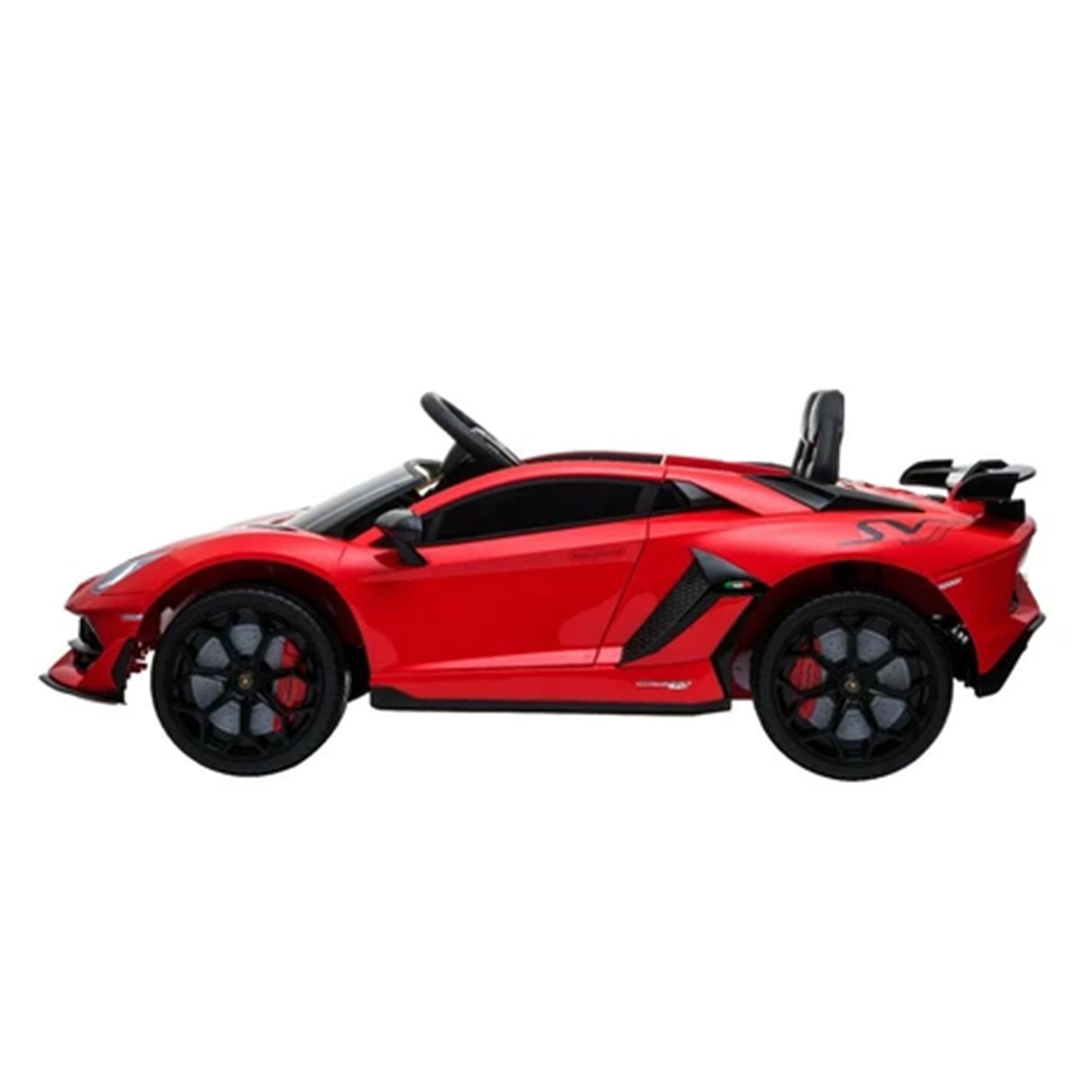 "Red Lamborghini SVJ 12 Volt electric ride-on car with remote control and rubber EVA tyres at Kids Car store, on a white background."