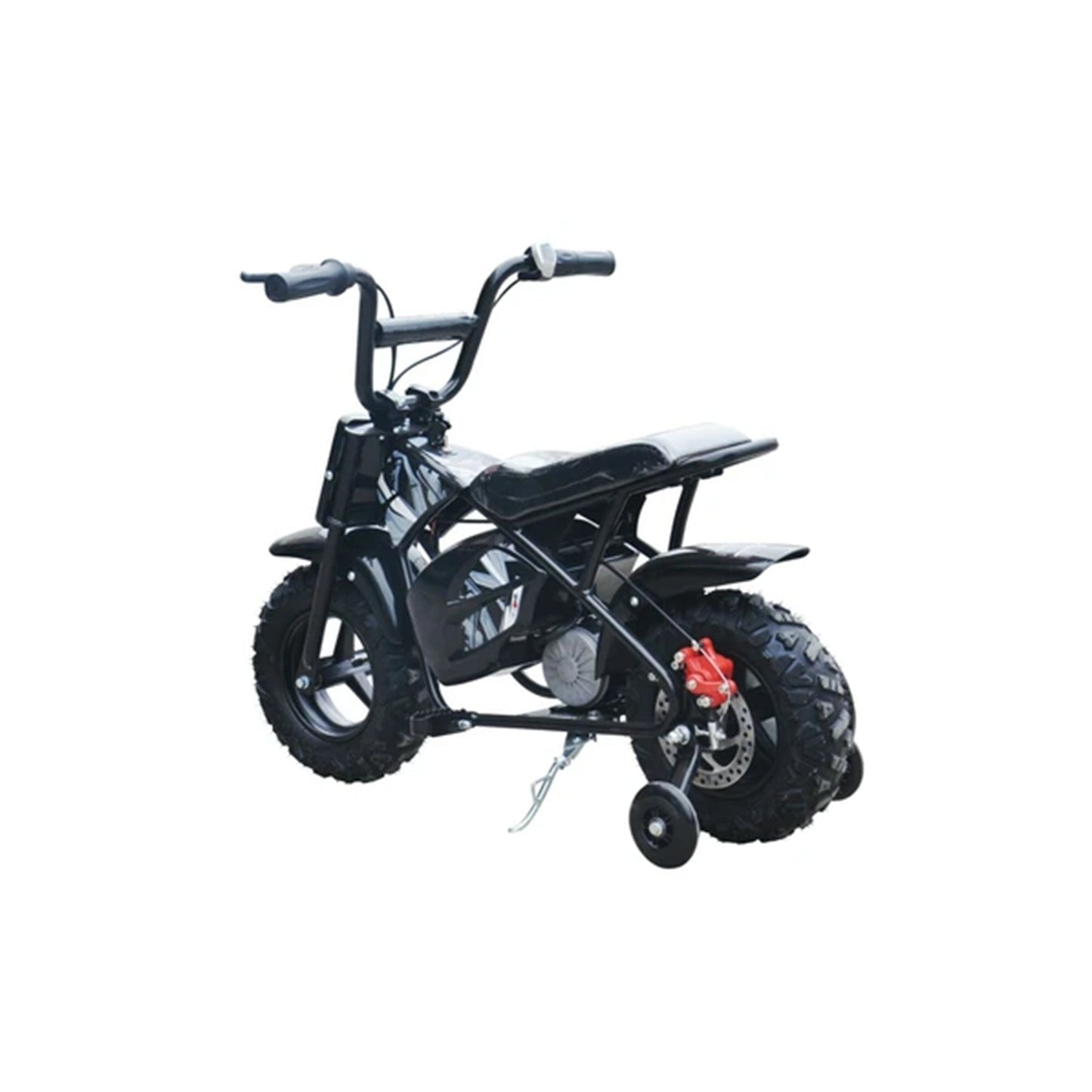 "Small black electric dirt bike for kids with 250 watt-12 volt and twist-and-go throttle, displayed against a pristine white background."