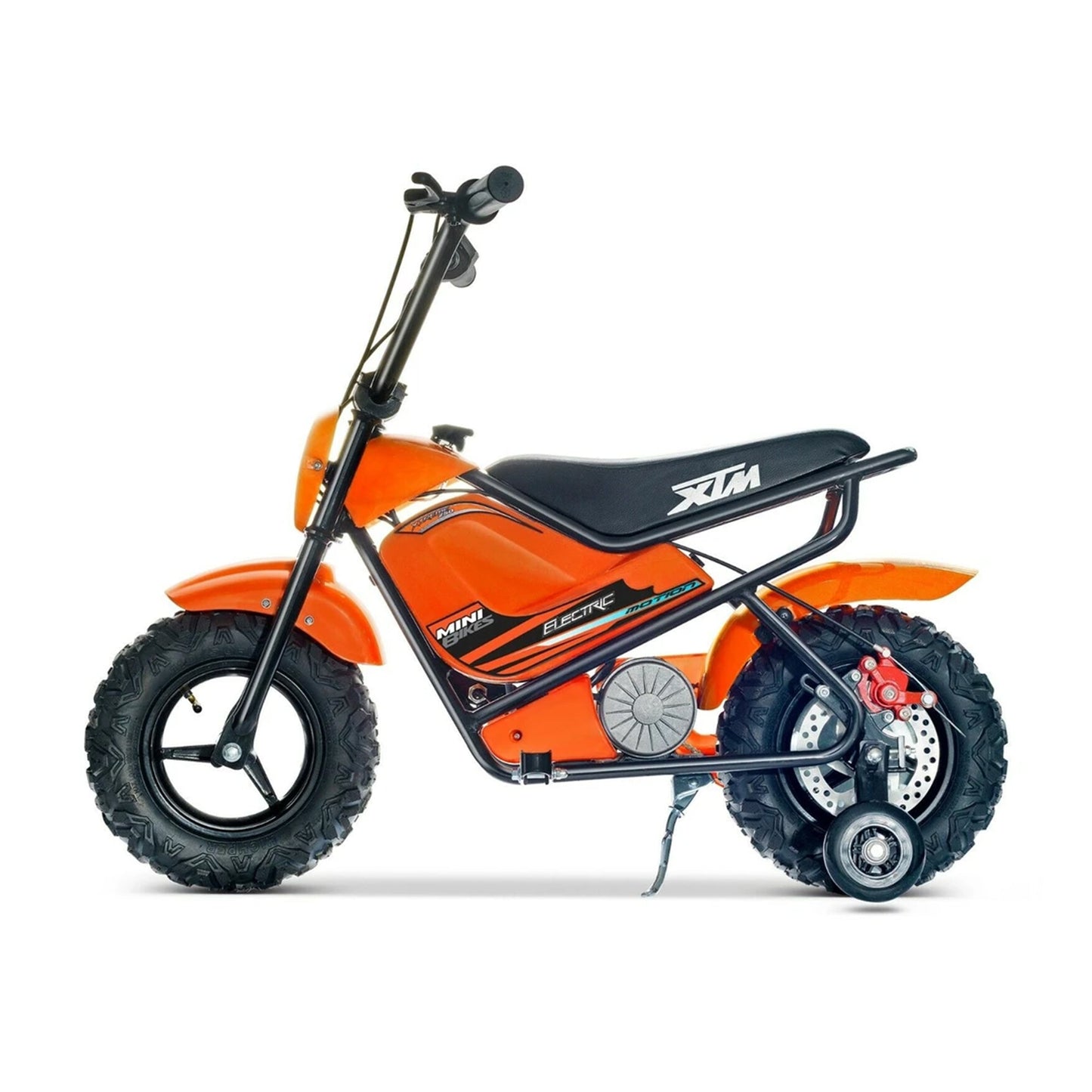 "Small orange Mini Dirtbike Scrambler for kids, 250 Watt 12 Volt electric ride on with twist and go throttle, isolated on white background."