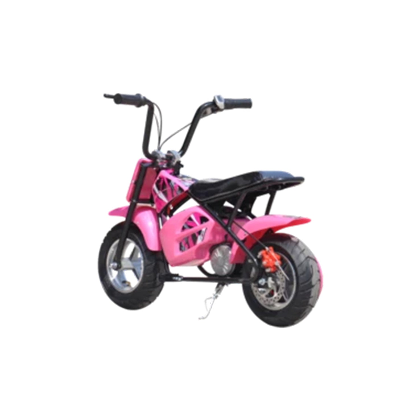 "Small Pink Mini Dirtbike Electric Ride for Kids 250 Watt 12 Volt with Stabilisers on White Background"

