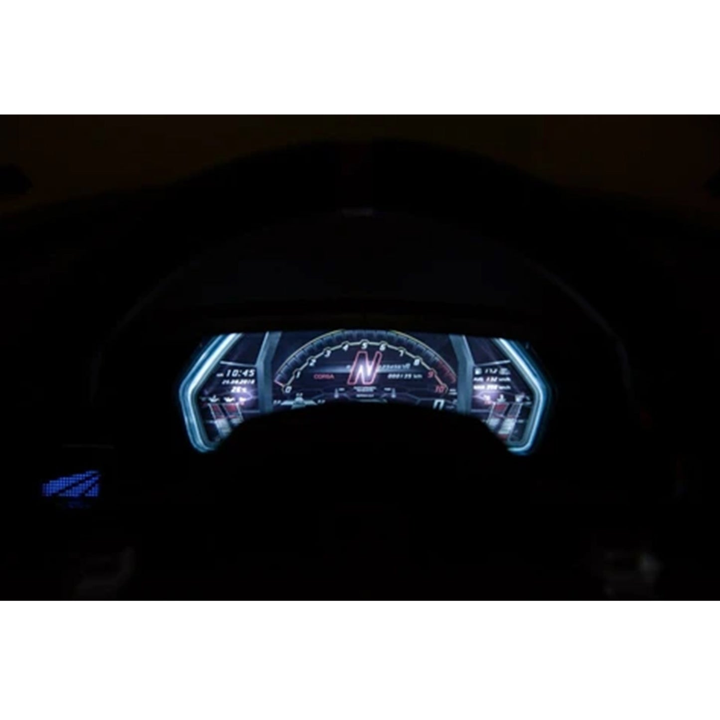 "Dashboard of a Matt Black Lamborghini SVJ Ride On with 2.4G Parent Remote 12V at Kids Car store, illuminated at night."