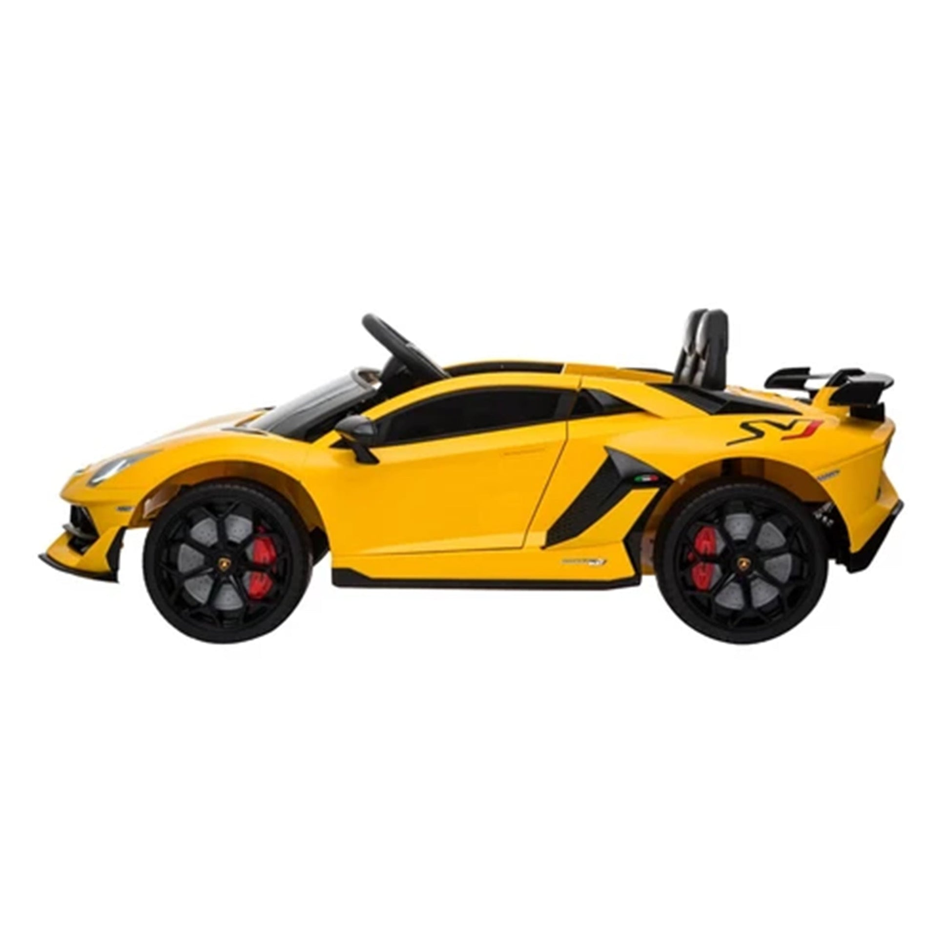 "Yellow LAMBORGHINI SVJ 12 Volt ride-on from KidsCar.co.uk, with parental remote control and leather seats, against a white background."