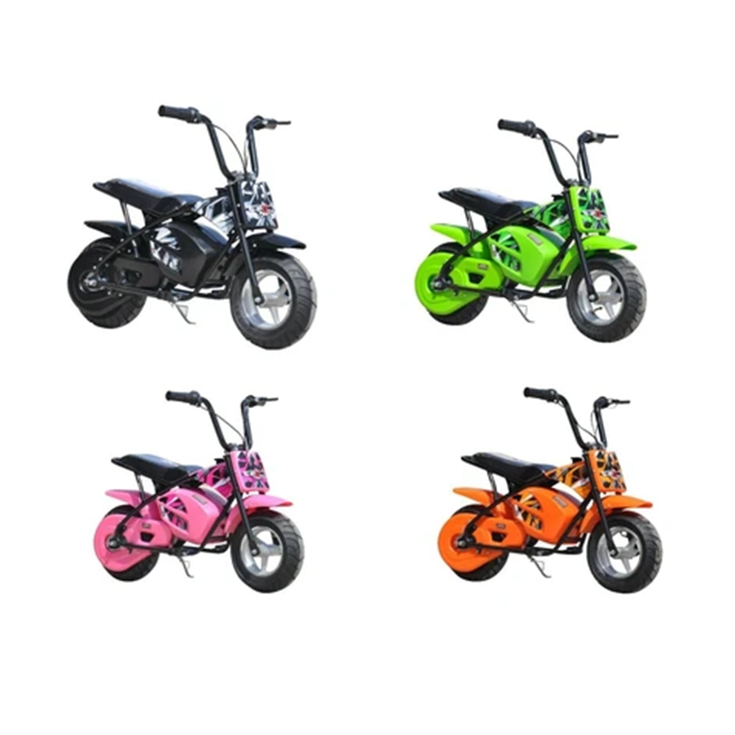 "Collection of colorful mini Dirtbike Scrambler electric scooters for kids on a white background."