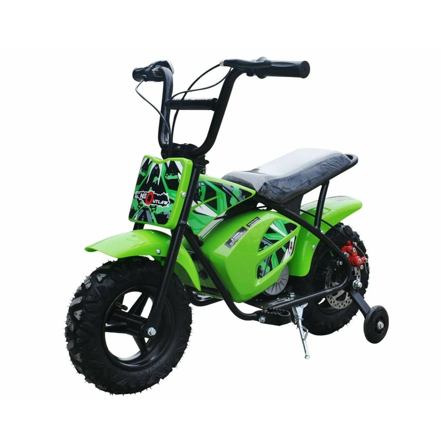 "Green mini dirtbike scrambler for kids, electric ride-on, 250 Watt 12 Volt with brushless motor on white background."