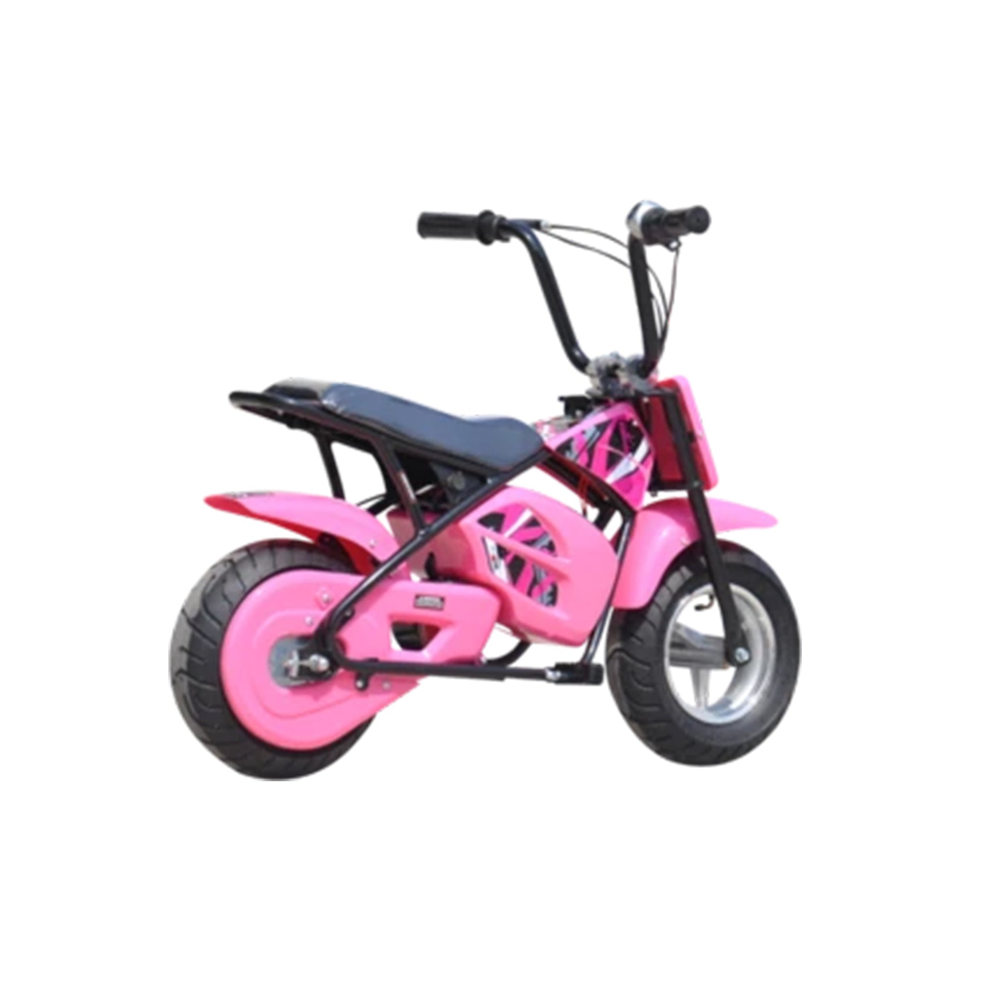"Small pink mini Dirtbike Scrambler electric ride on for kids with stabilisers, 250 Watt 12 Volt, isolated on white background"