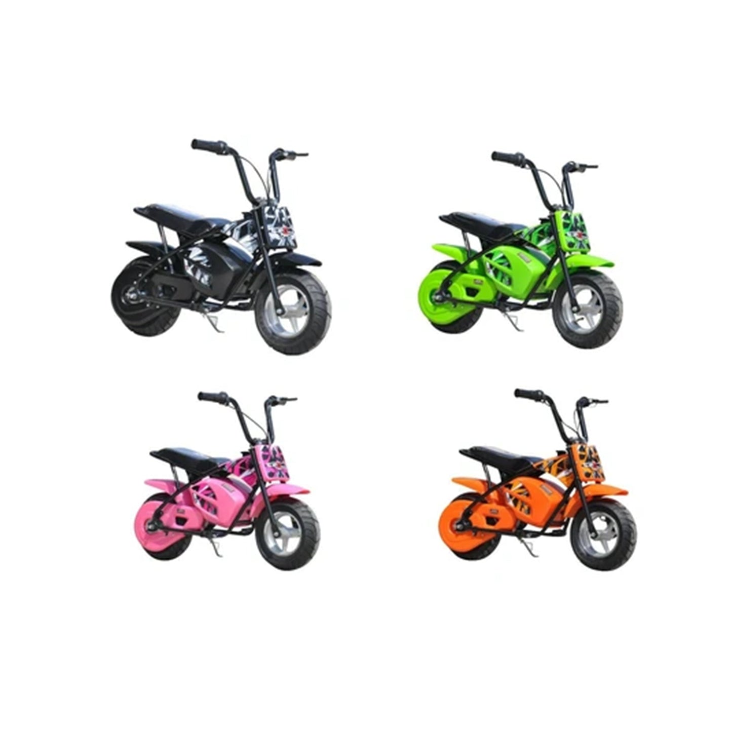 "Four bright-colored electric mini dirt bikes for kids on white background"