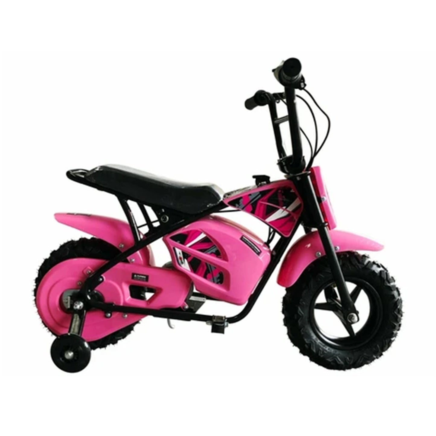 "Pink mini electric ride-on dirtbike for kids, equipped with stabilisers, 250 watt and 12 volts on a white background."