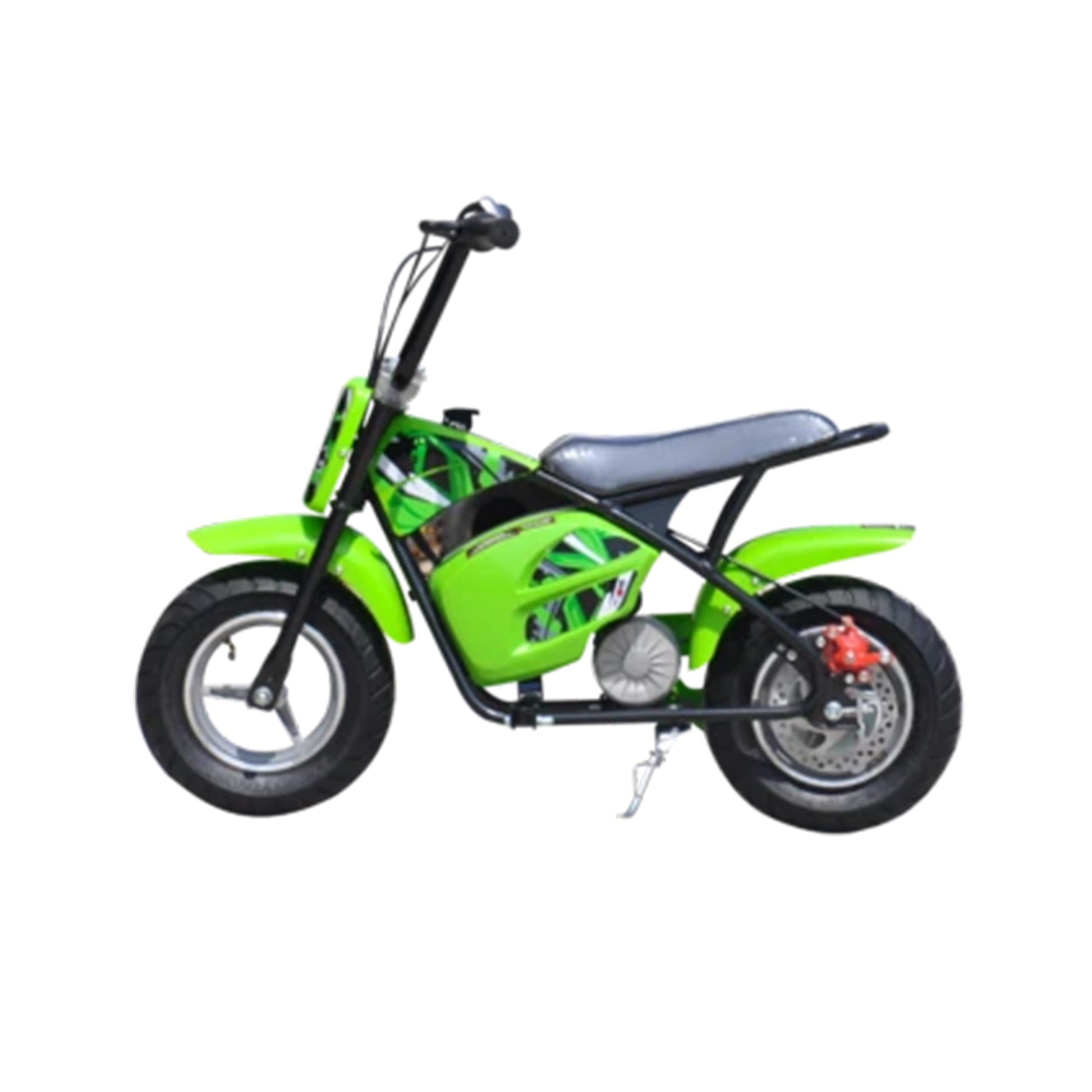 "Small green mini scrambler dirtbike for kids, electric ride on 250 watt 12 volt with brushless motor by Kids Dirt Bike on a white background."