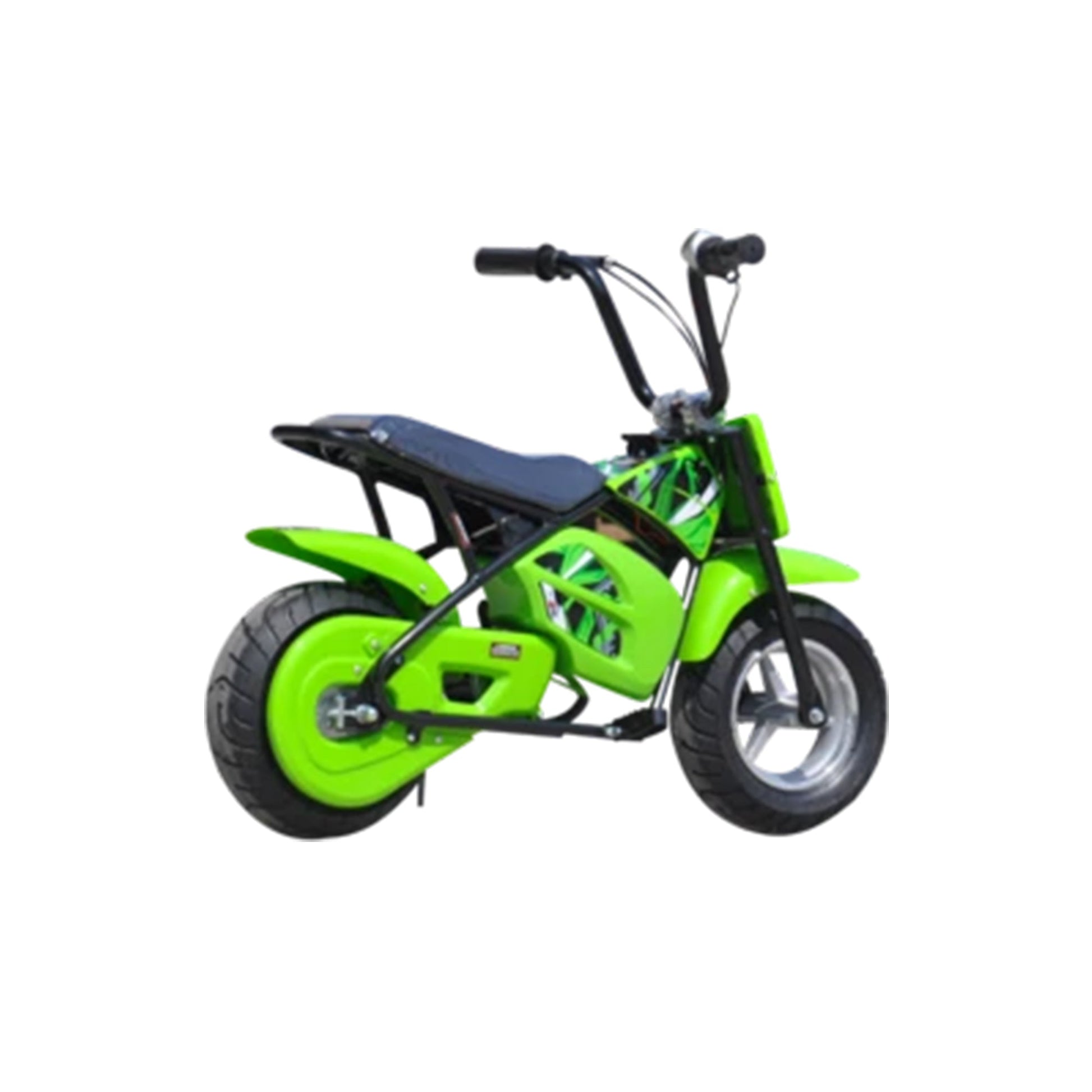 "Small green electric dirt bike mini moto for kids with twist and go throttle and brushless motor, on white background"