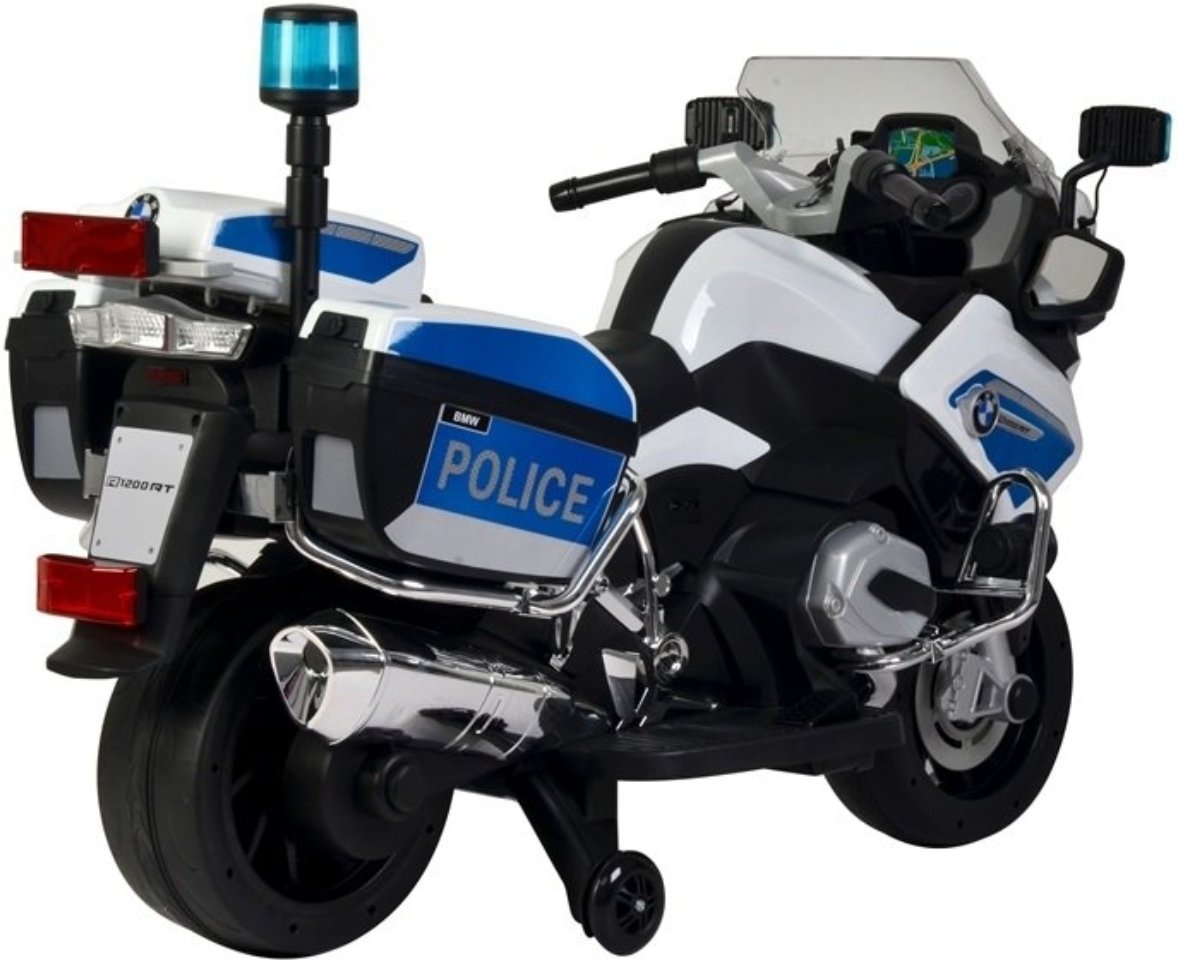 Silver BMX electric ride-on police motorbike for kids, equipped with emergency lights and markings.