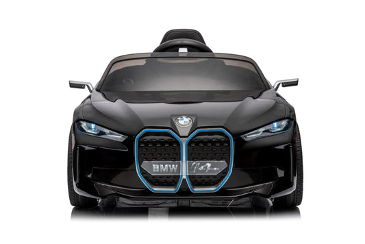 Front view of a black BMW I4 children's car, 12 Volt, with blue accents and remote parental control